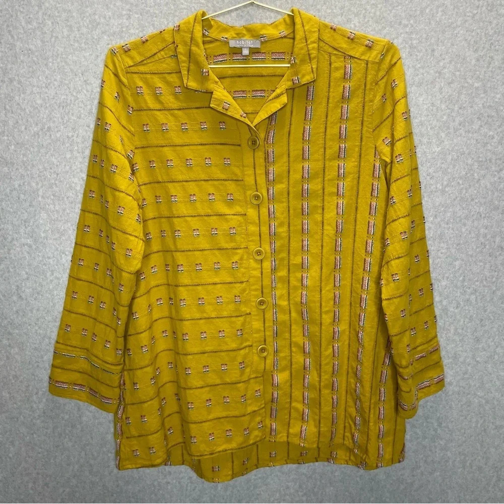 Habitat Lima Weave Embroidered Lagenloook Artsy Ochre Button Down Tunic Top